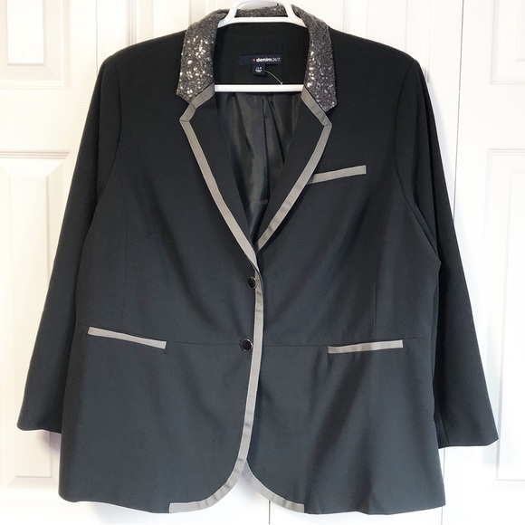 Denim 24/7 Black & Silver Gray Sequin Beaded Collar Blazer Jacket 24W - Picture 1 of 15